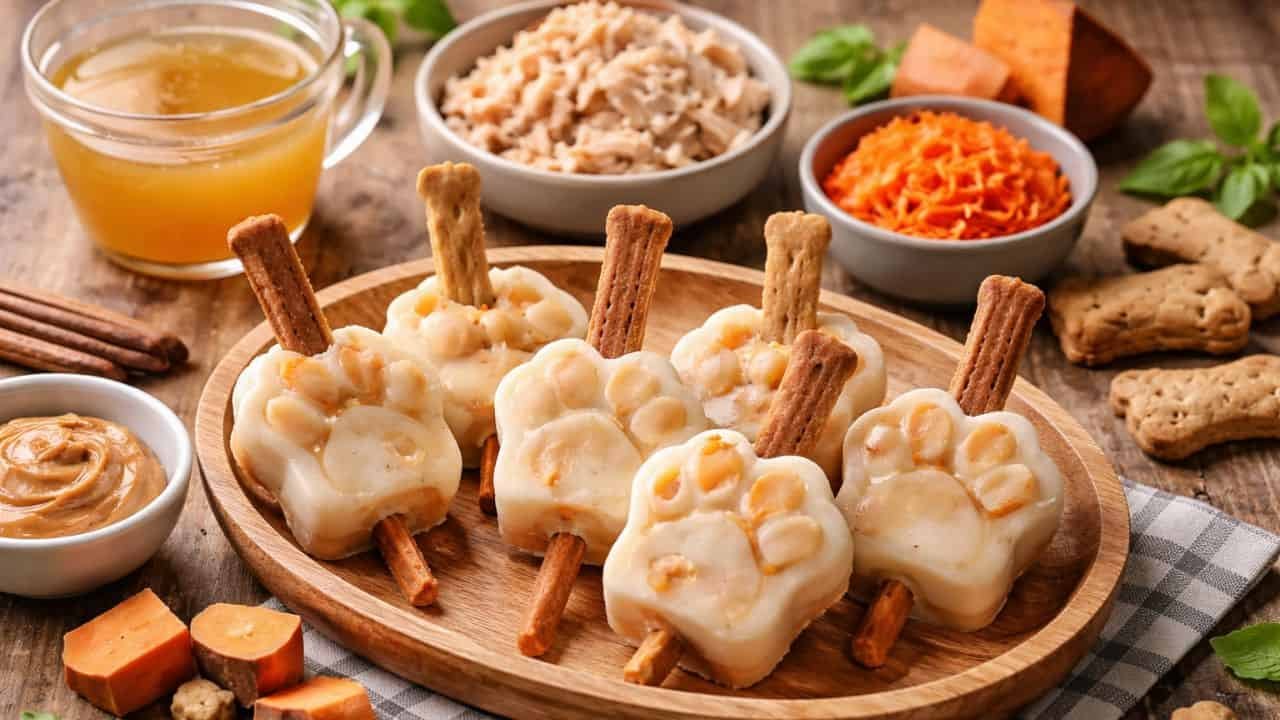 Savory peanut butter and bone broth pupsicles with dog treats and veggies on a wooden table
