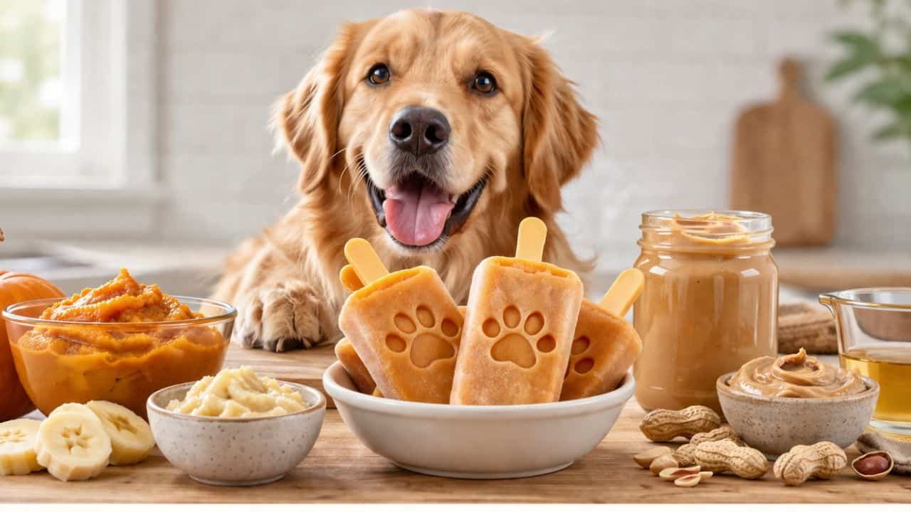 Dog-friendly pumpkin peanut butter banana pupsicles with happy golden retriever in kitchen
