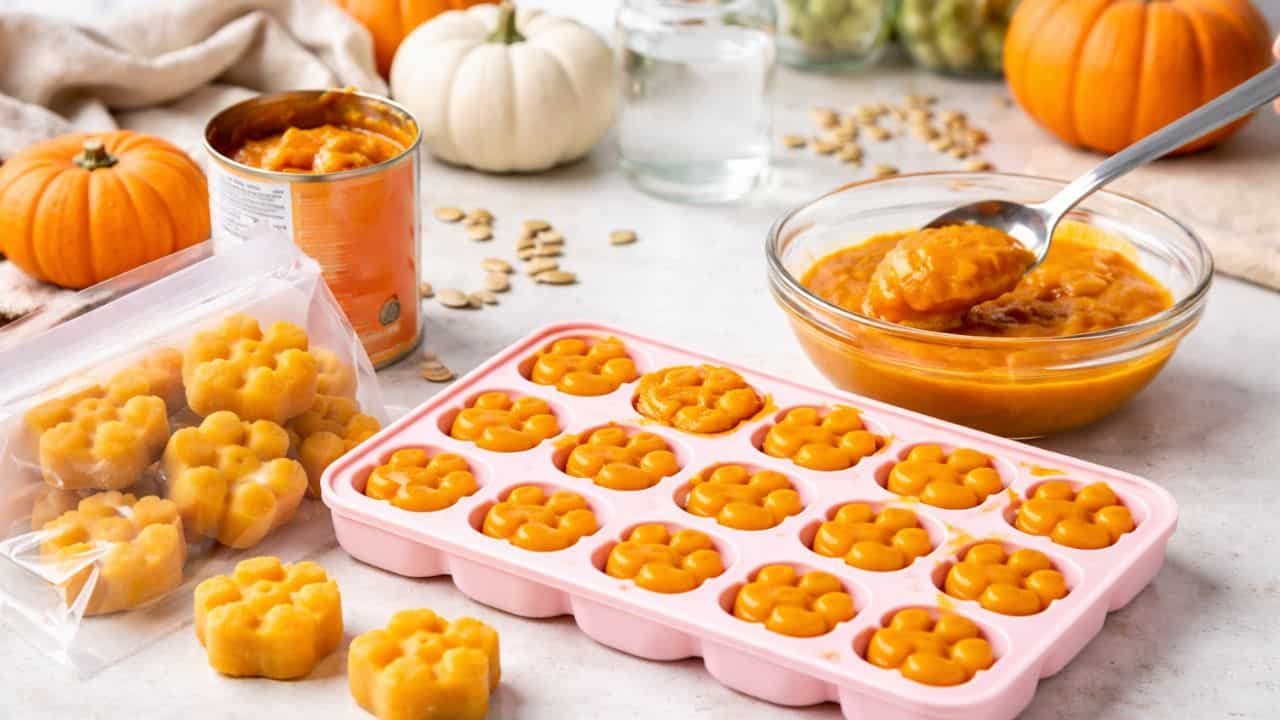 Pumpkin puree being poured into a silicone mold to make frozen treats on a kitchen counter.
