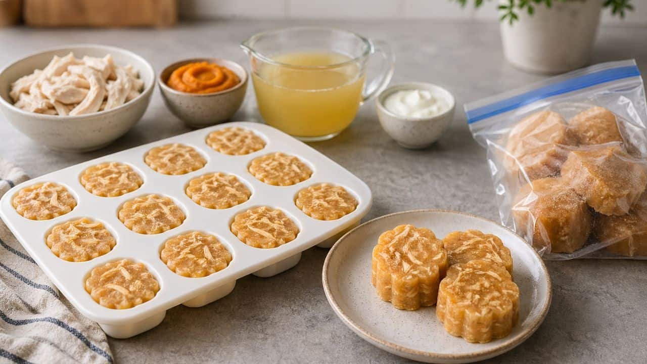 Homemade pumpkin and shredded chicken pupsicles with ingredients on a kitchen counter