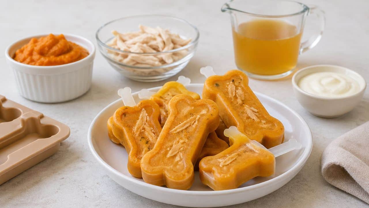 Creamy pumpkin chicken frozen treats with bone broth in molds on a bright kitchen counter