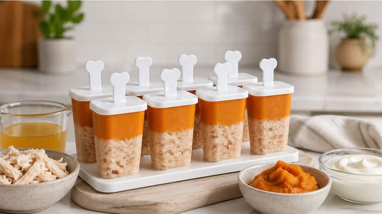 Layered pumpkin and chicken pupsicles in molds on a kitchen counter
