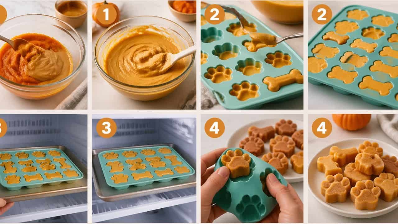 Step-by-step collage of pumpkin and peanut butter pupsicles being mixed, molded, frozen, and served in a clean kitchen setting
