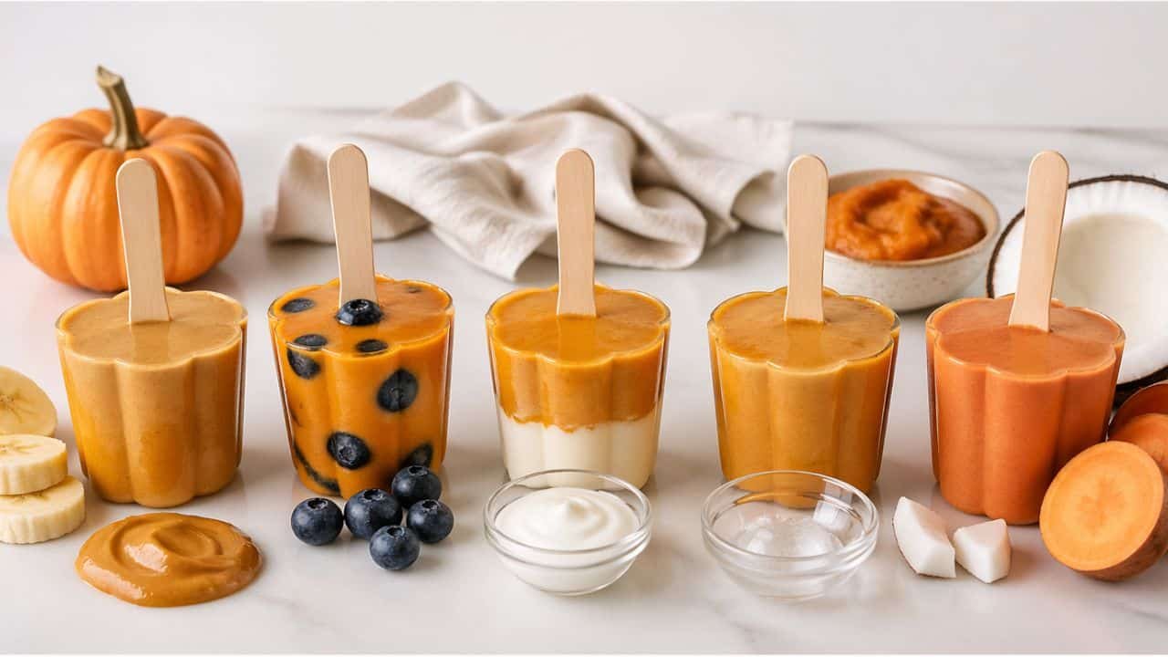 Colorful pumpkin peanut butter pupsicles with banana, blueberries, yogurt, coconut, and sweet potato on a clean white surface

