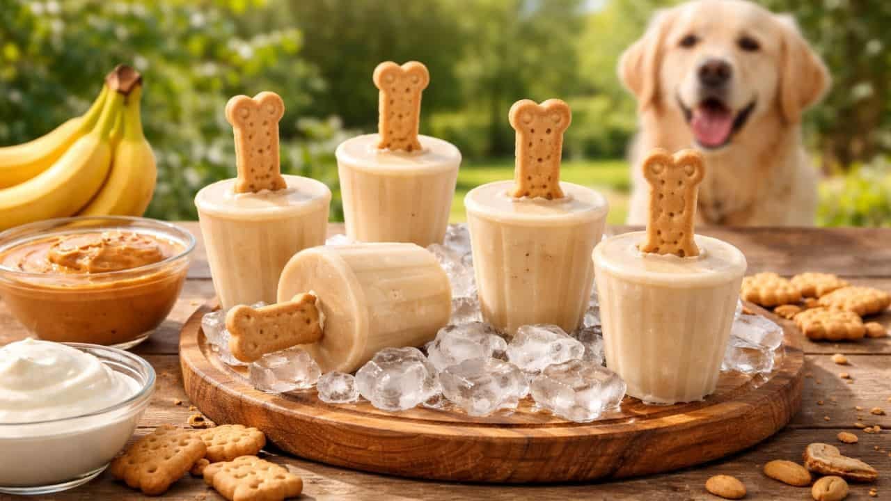 Homemade peanut butter banana dog pupsicles with biscuits on top, served on a wooden table with a happy dog in the background.