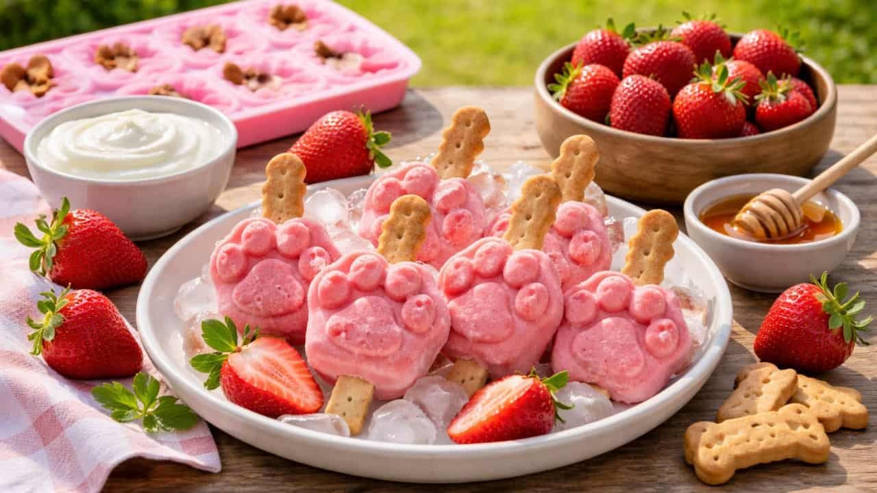 Strawberry yogurt dog popsicles with fresh strawberries and biscuit sticks on a sunny outdoor table.