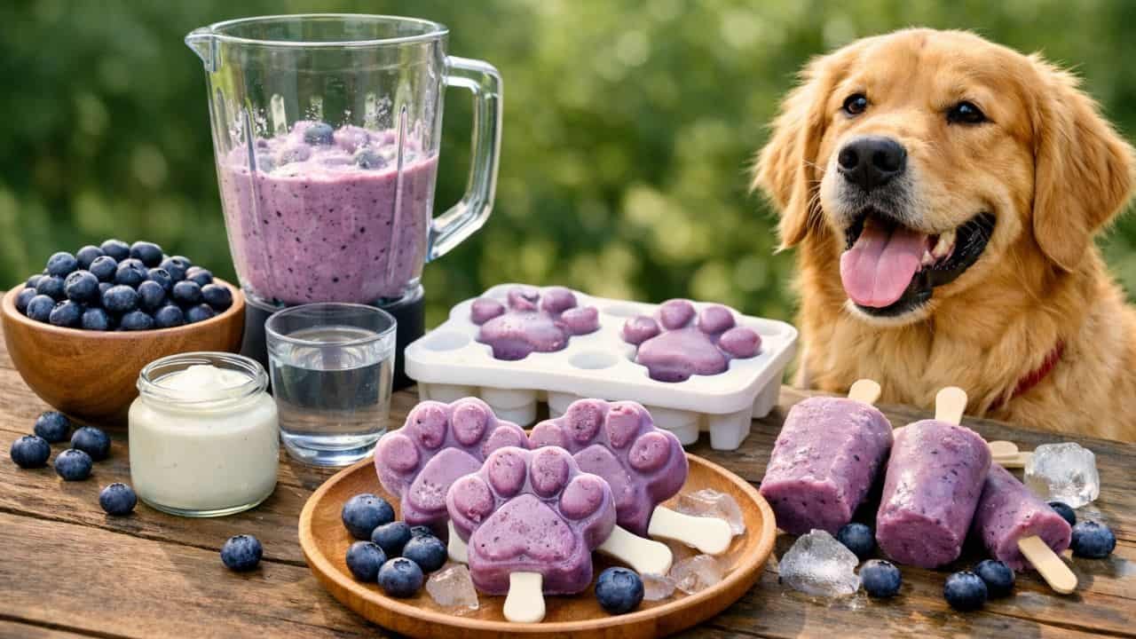 Blueberry yogurt pupsicles with fresh berries and happy dog outdoors