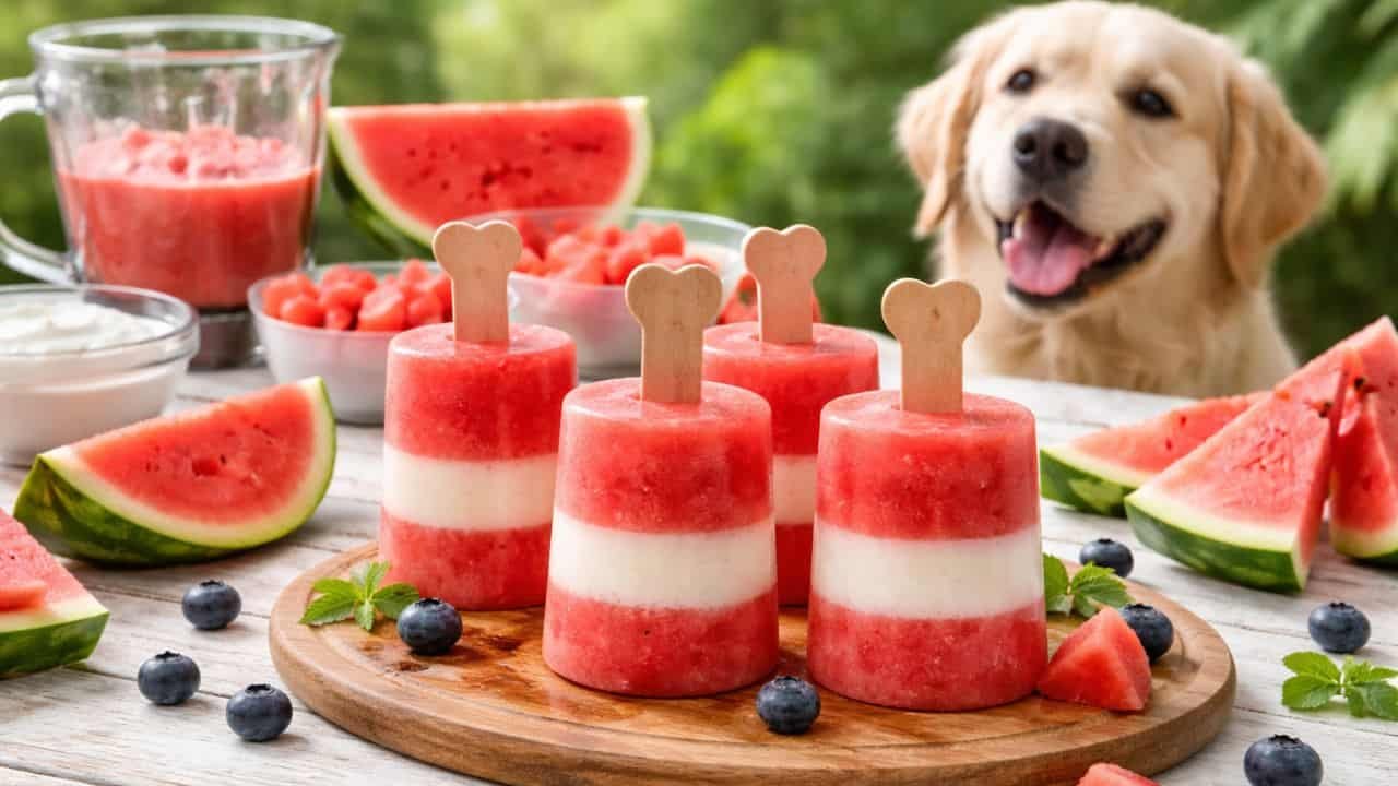 Watermelon yogurt pupsicles on a table with a happy dog in the background