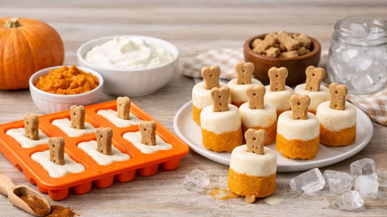 Pumpkin and yogurt frozen dog treats with biscuit sticks on a kitchen counter