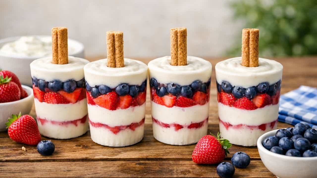 Layered strawberry and blueberry yogurt pupsicles with fresh berries on a rustic table