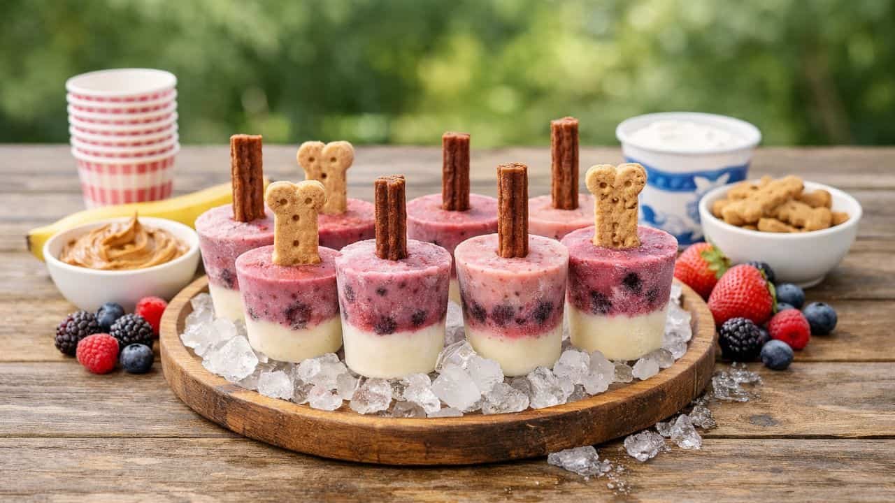 Frozen peanut butter banana berry pupsicles with dog biscuit sticks on a rustic table outdoors