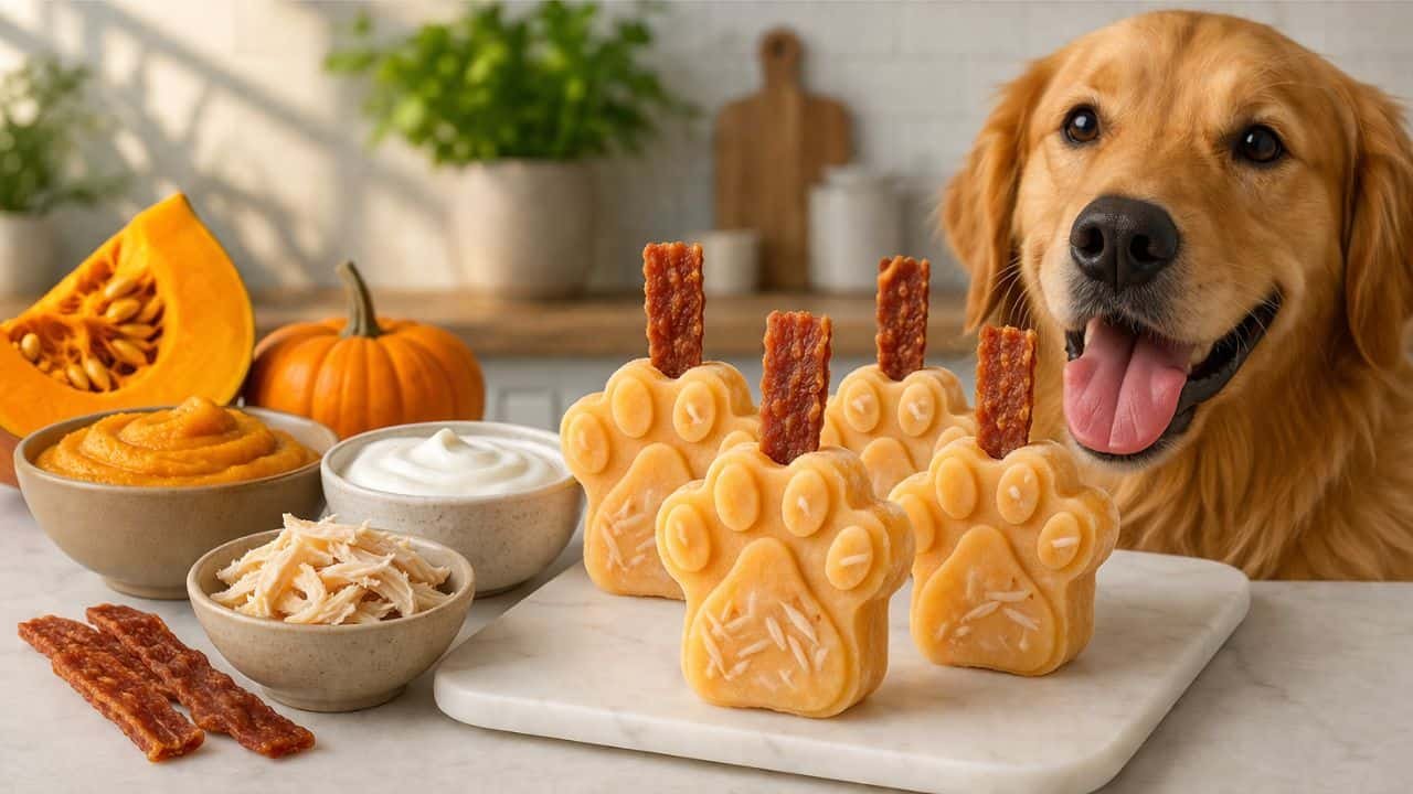 Golden retriever with pumpkin chicken yogurt pupsicles in a cozy kitchen