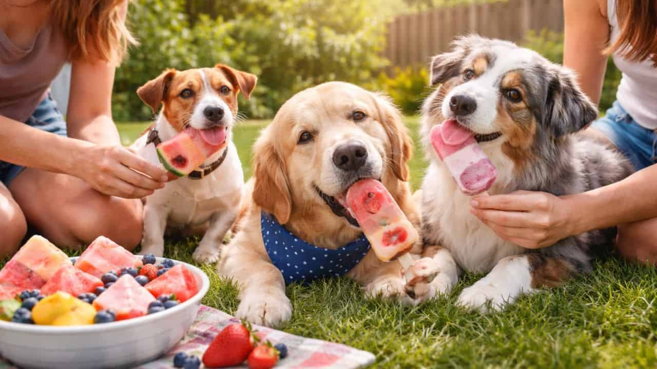 Dogs enjoying homemade pupsicles in a sunny backyard
