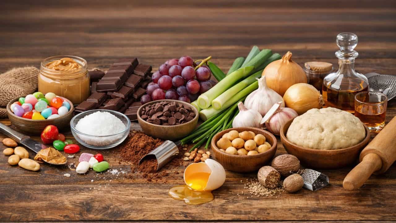 Dangerous puppy treat ingredients displayed on a kitchen table, including chocolate, grapes, onions, garlic, nuts, candy, and raw dough, with empty space at top and bottom for cropping.