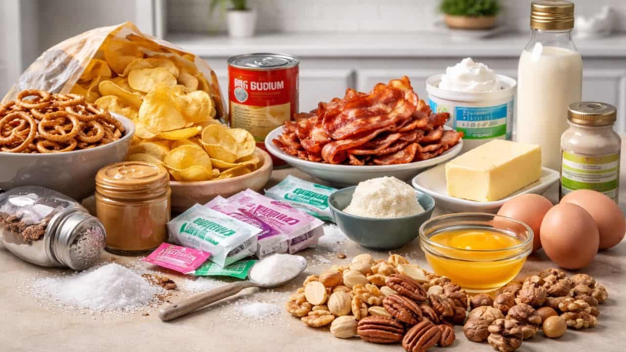 Assorted harmful ingredients for puppies on a kitchen counter, including salty snacks, artificial sweeteners, fatty foods, raw eggs, dairy, and nuts.