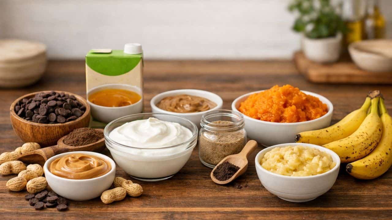Healthy dog-safe ingredient alternatives arranged on a rustic kitchen counter with natural light