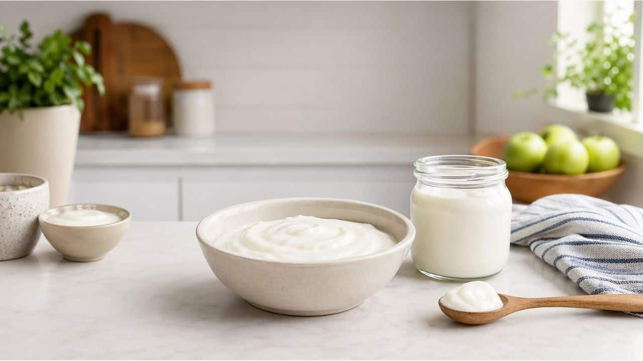 Plain yogurt in a clean kitchen setting with bowls and jar, soft natural light, no text