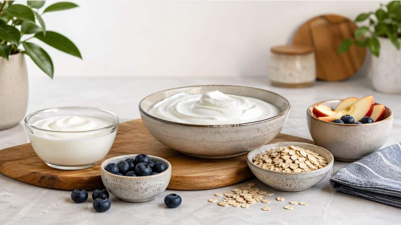 Greek yogurt vs regular yogurt in clean kitchen setting with oats, berries, and apples
