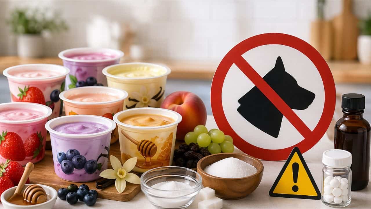Flavored yogurt cups with fruits, sugar, and warning symbols indicating they are unsafe for dogs