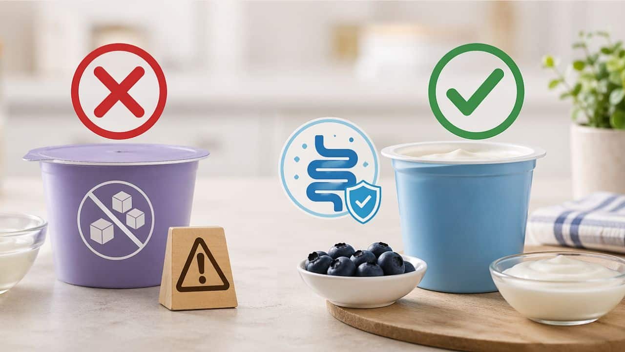 Sugar-free vs probiotic yogurt comparison on kitchen counter, highlighting safe and unsafe choices without text