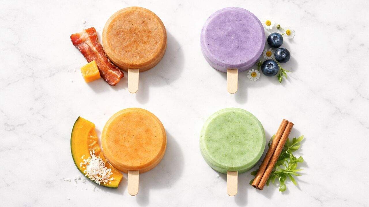 Four Woof Pupsicle Mix frozen dog treat flavors — Bacon Cheese, Calming, Balanced Belly, and Doggy Dental.