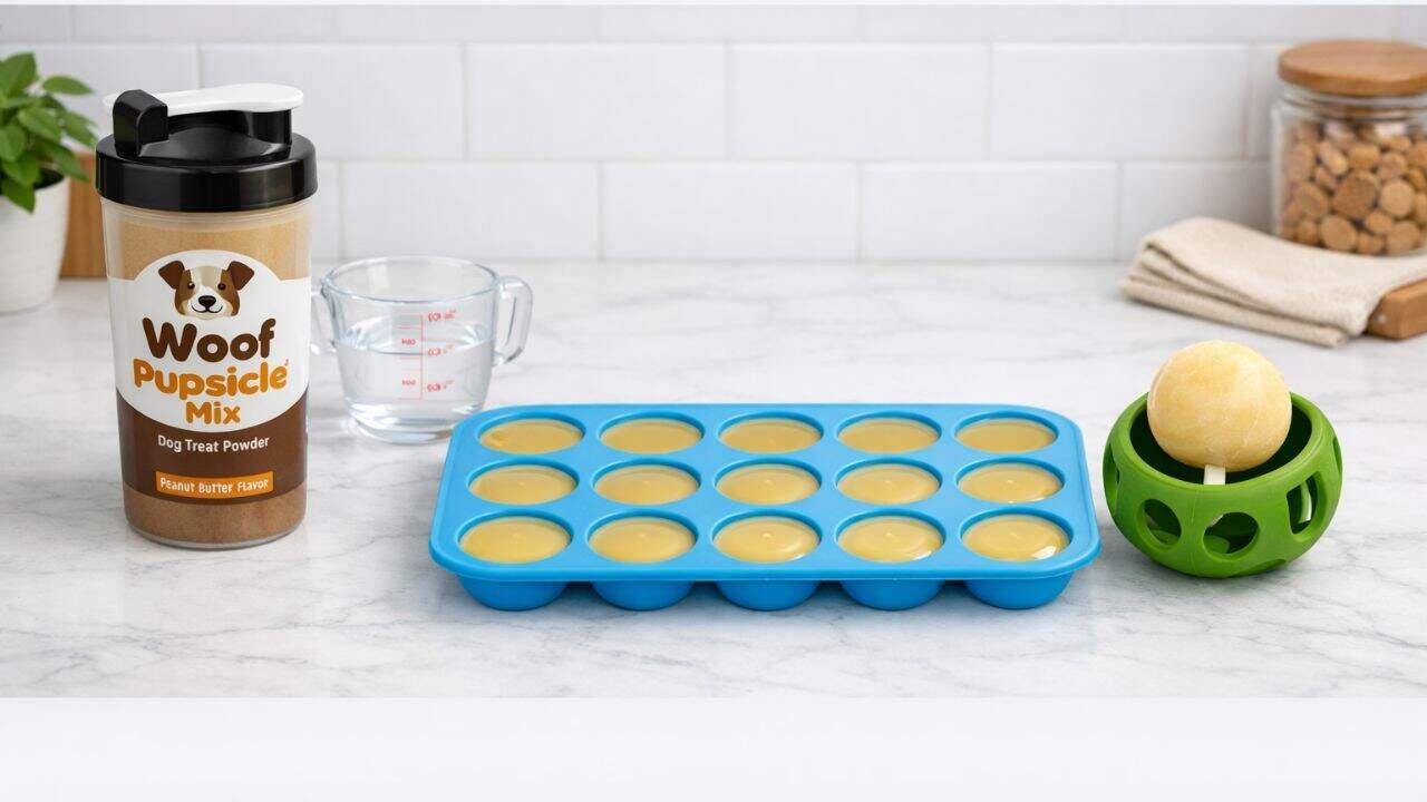 Step-by-step process of mixing Woof Pupsicle Mix with water, pouring into treat tray, and placing frozen pop into Pupsicle toy.