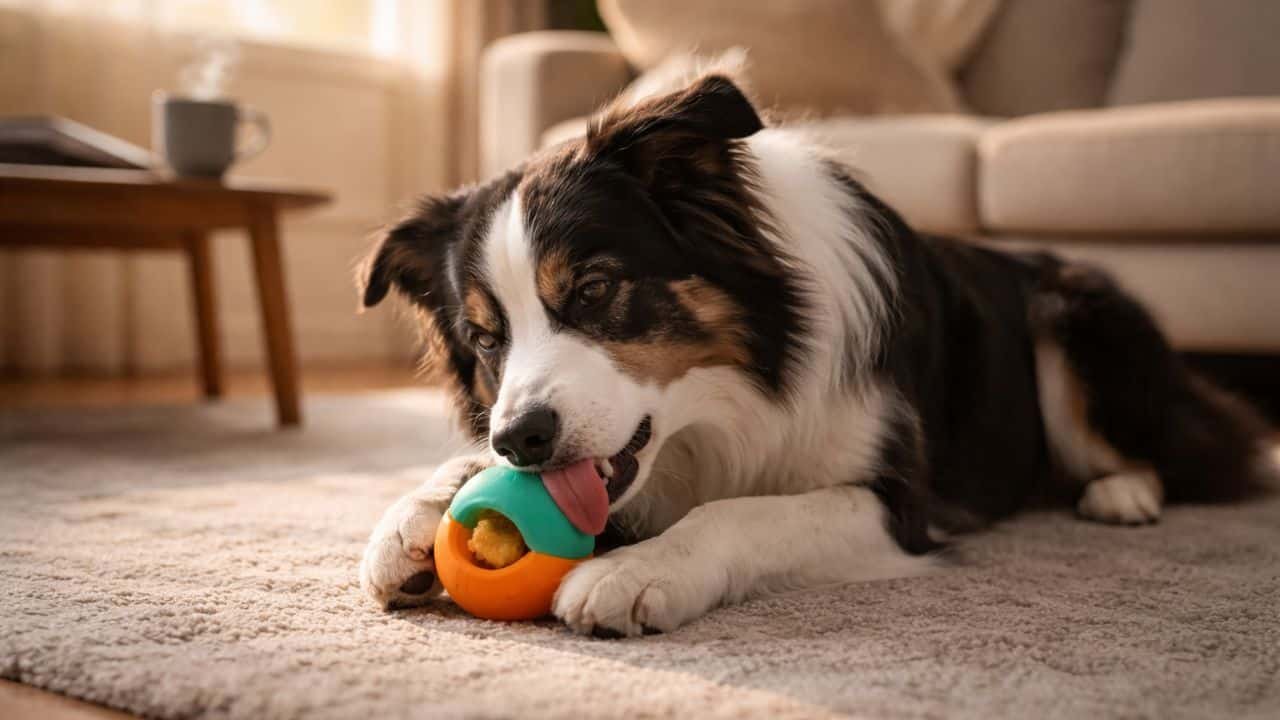Dog quietly licking a Woof Pupsicle toy on a living room rug while owner enjoys uninterrupted time nearby.