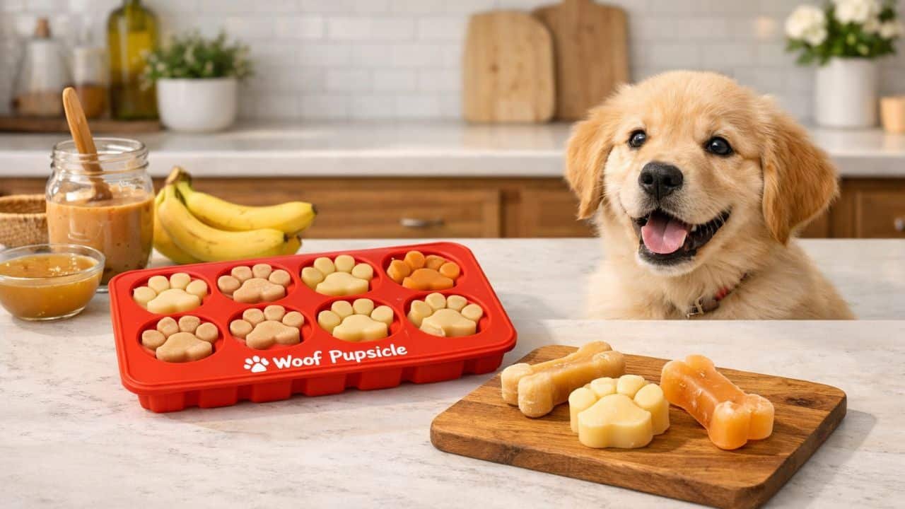 Woof Pupsicle Treat Tray with homemade frozen dog treats next to a happy golden retriever in a kitchen