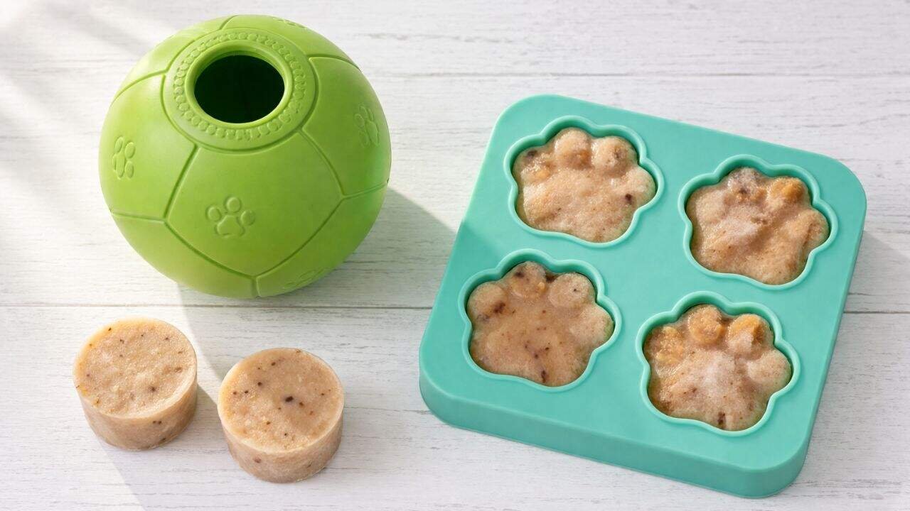 Woof Pupsicle complete system including rubber toy  silicone treat tray and pre-made Pupsicle Pops