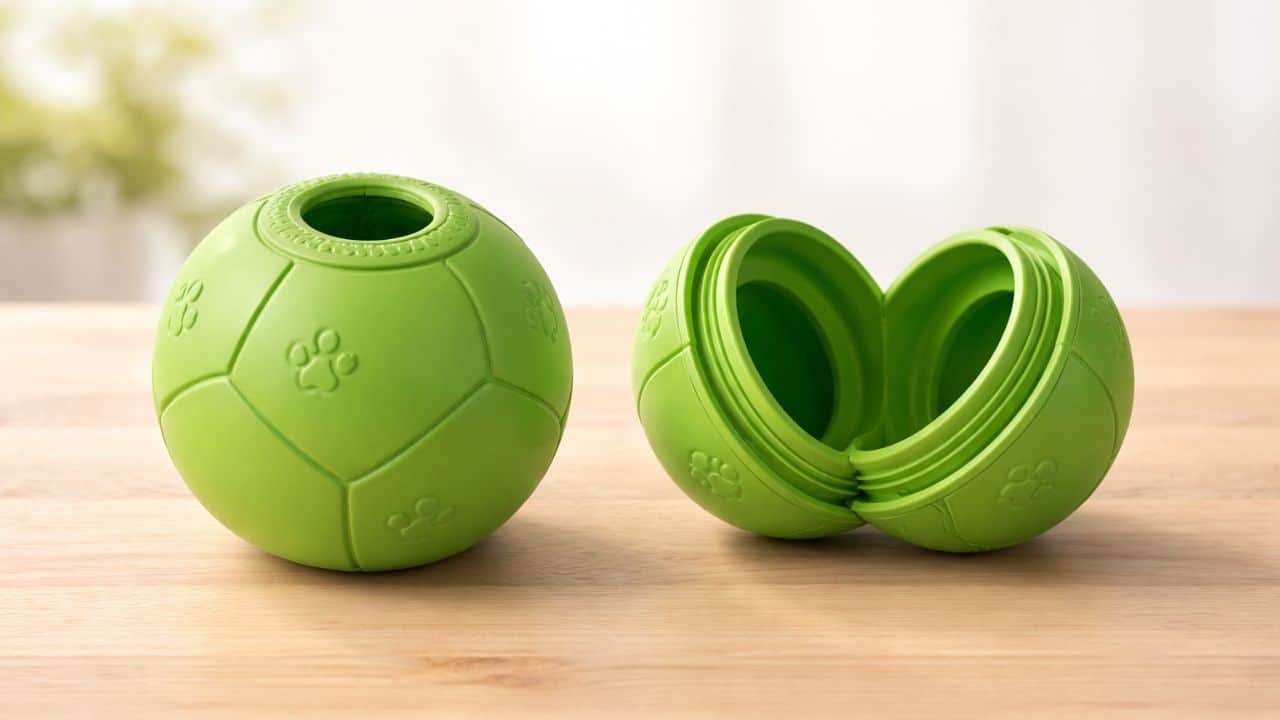 Woof Pupsicle dog treat toy shown open and closed revealing hollow center for frozen treats