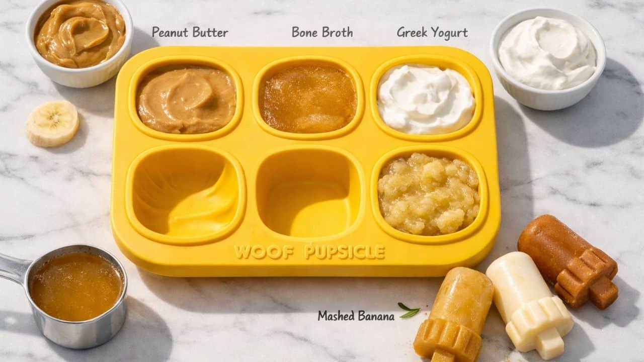 Woof Pupsicle silicone treat tray filled with peanut butter and bone broth frozen dog treats