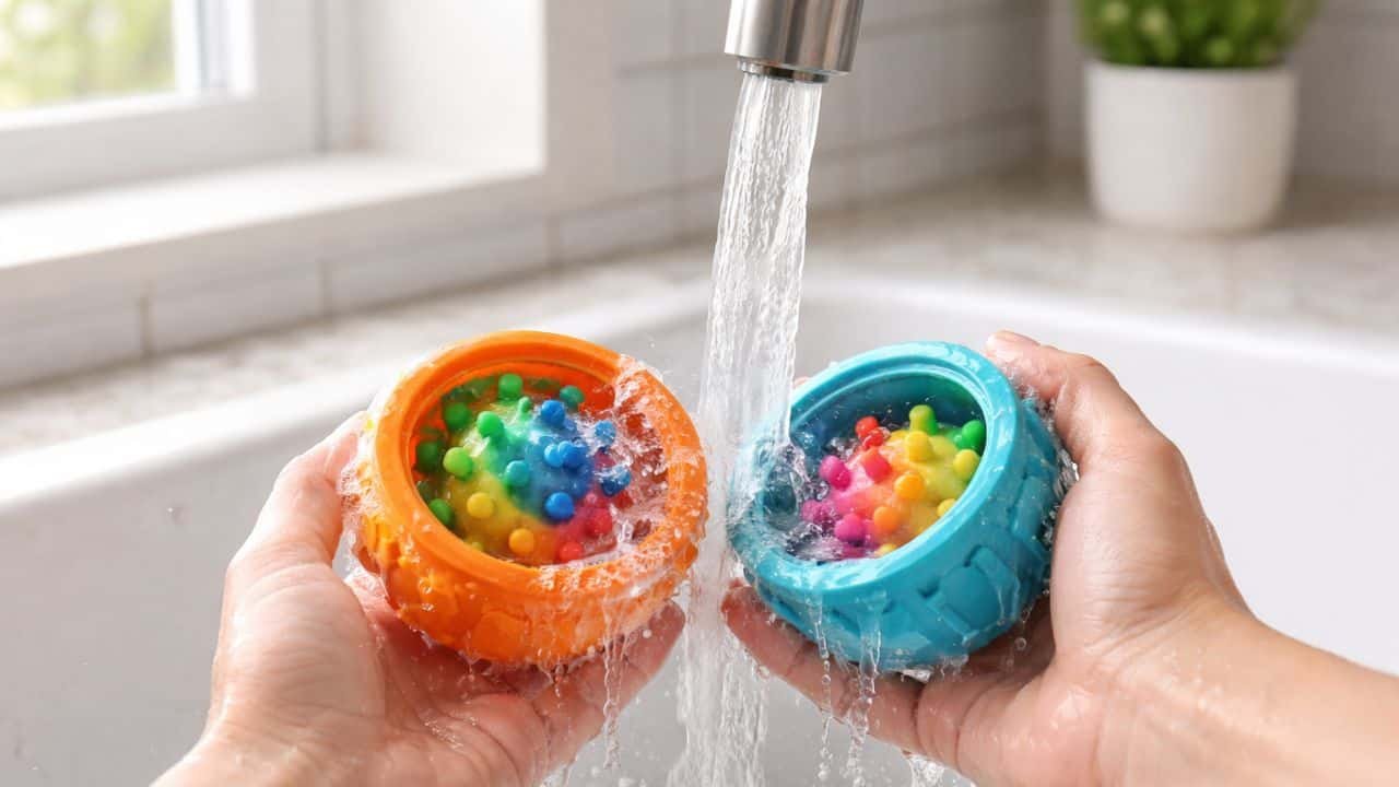 how to clean Woof Pupsicle dog toy under warm running water