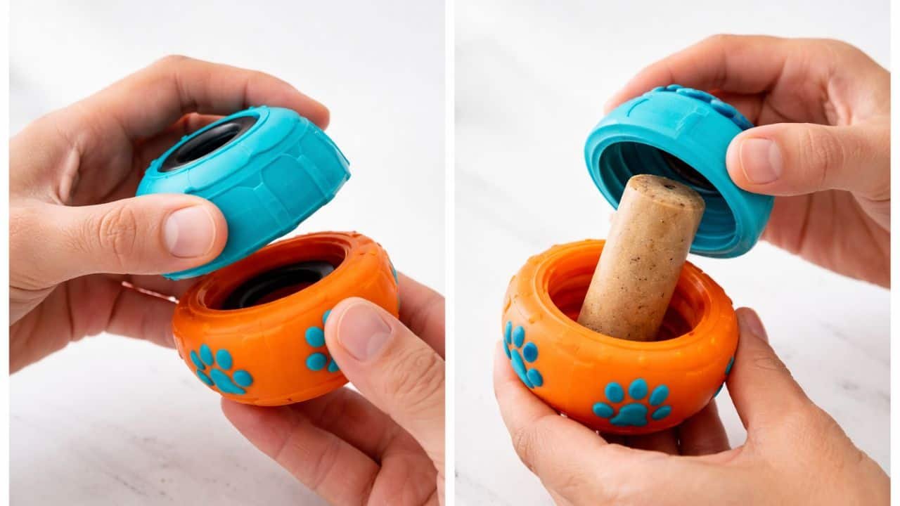how to load Woof Pupsicle Refill Pop into the dog toy step by step