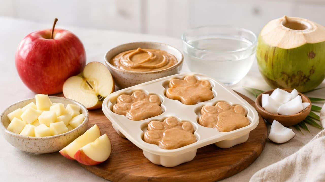 Apple peanut butter pupsicles with coconut water in mold, fresh apple slices and ingredients on wooden board