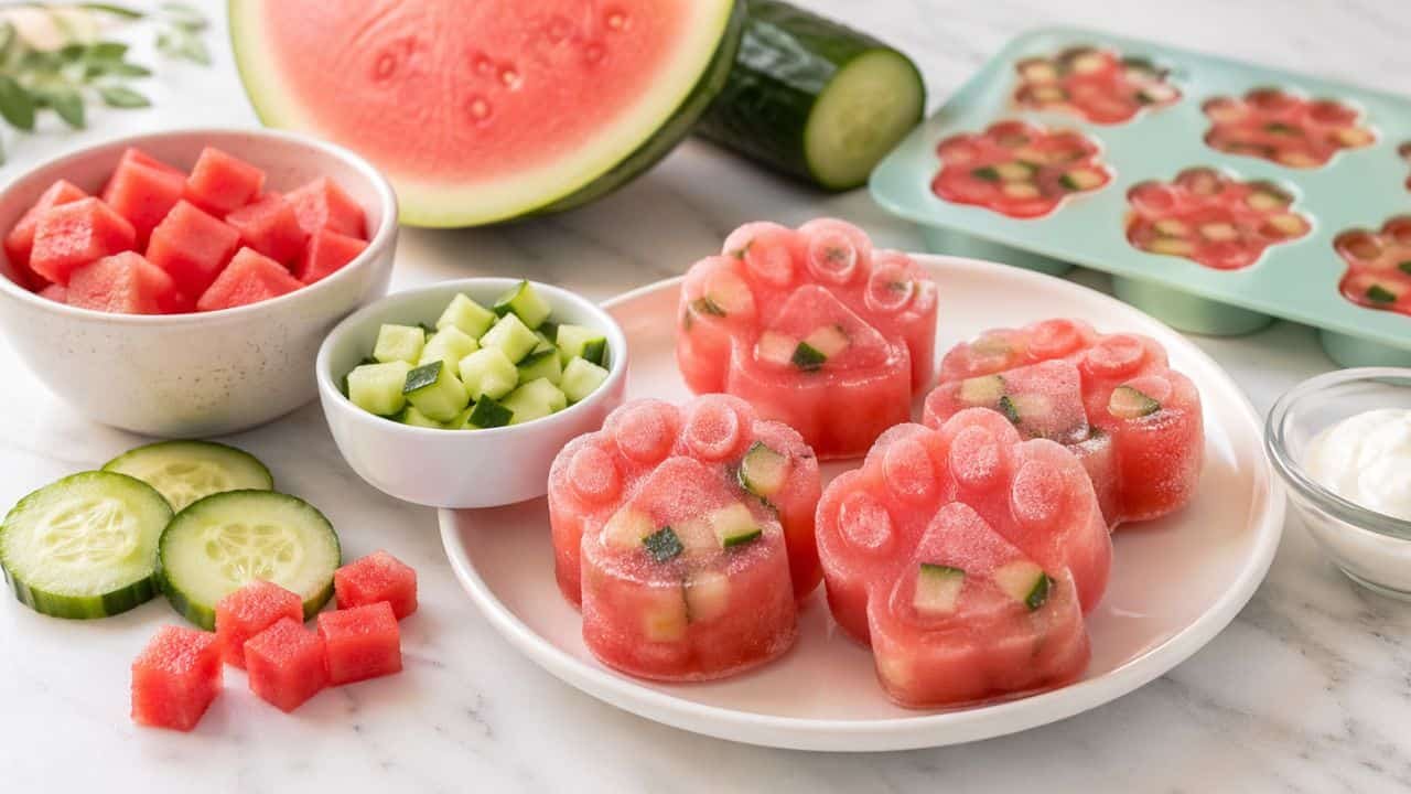 Watermelon cucumber pupsicles with yogurt and fresh ingredients on a clean kitchen surface